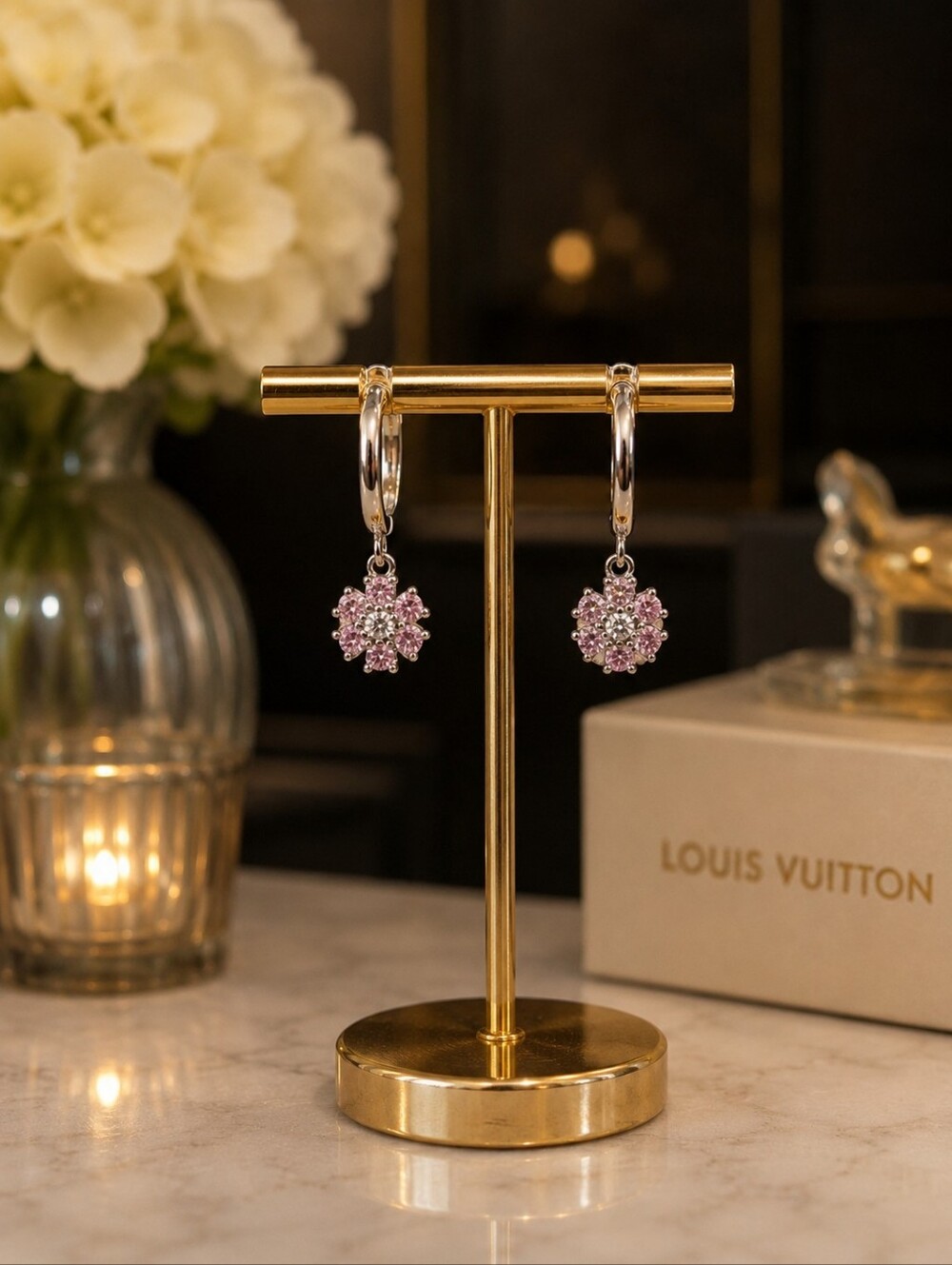Pink Flower Silver Tone Dangle Huggie Hoop Earrings